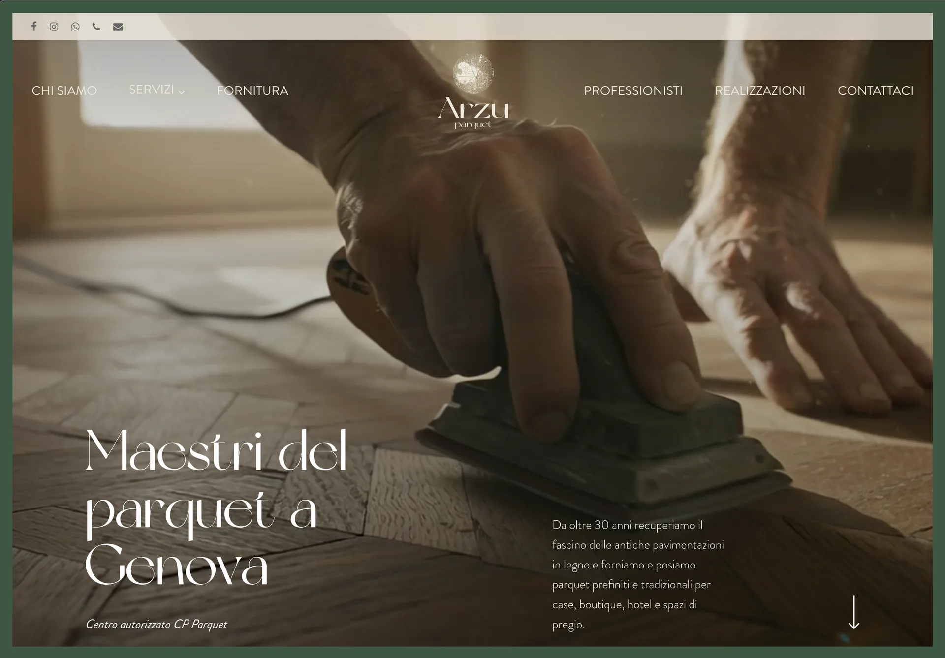 La home del sito di Arzu Parquet: una mano che leviga il parquet, «Maestri del parquet a Genova»