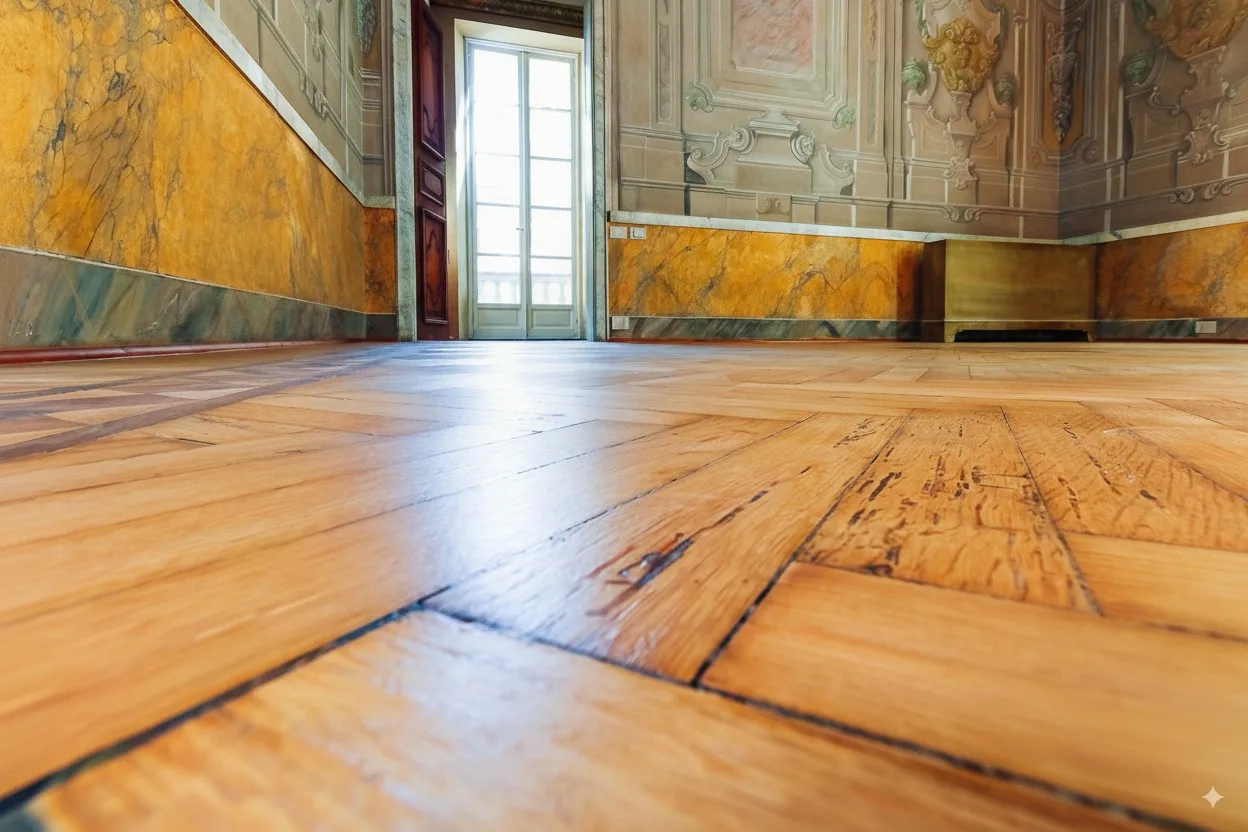 Un parquet restaurato in una sala affrescata del centro storico