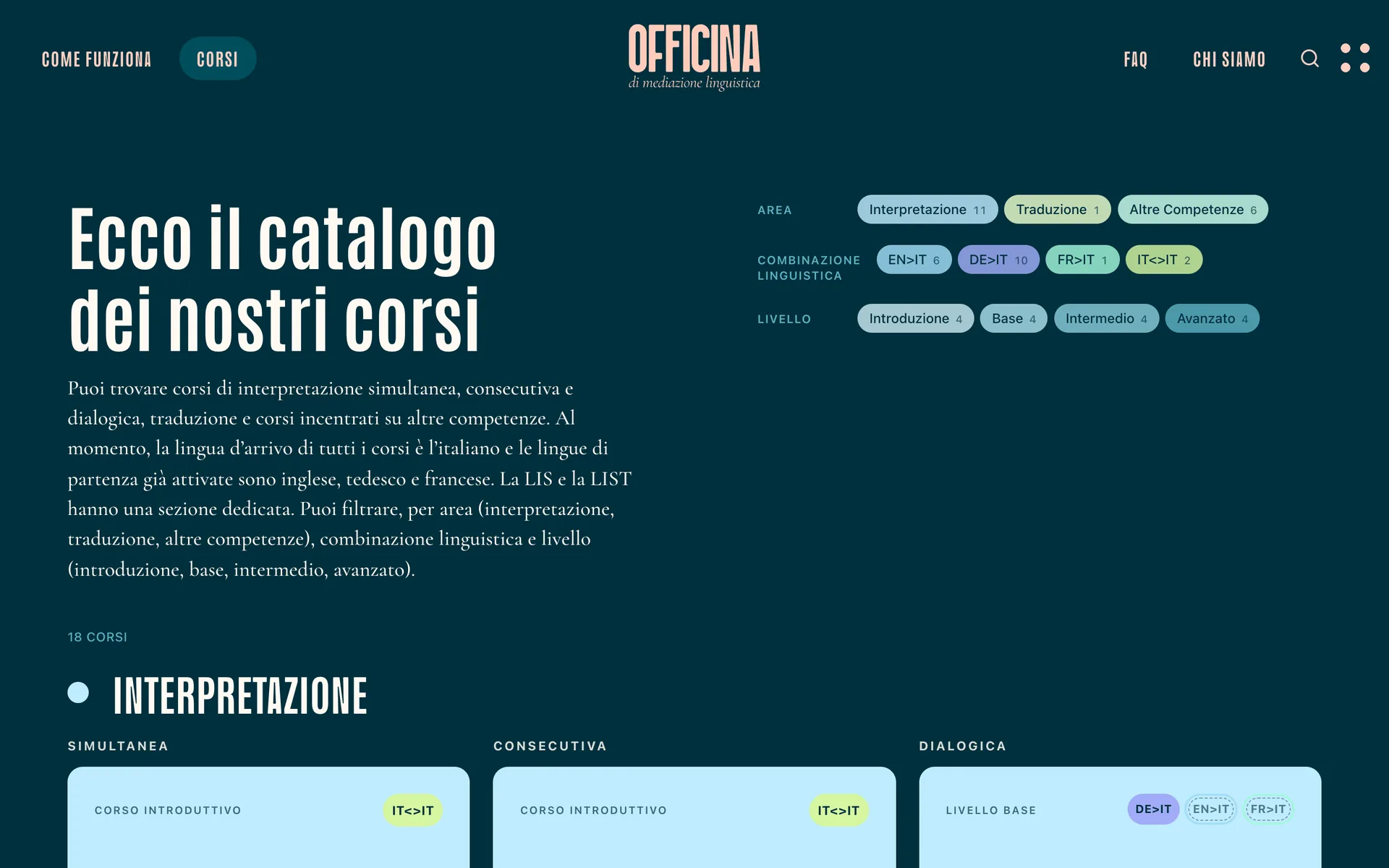 Il catalogo dei corsi con i filtri per area, combinazione linguistica e livello