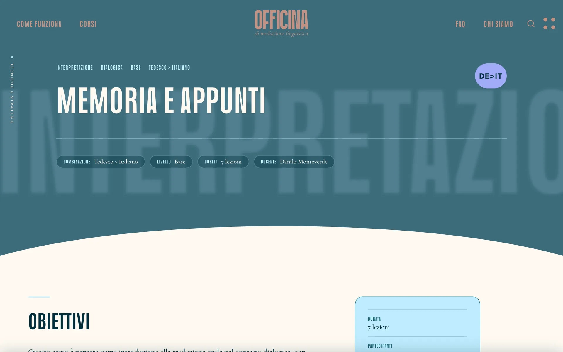 La scheda di un corso: «Memoria e appunti», dialogica, tedesco e italiano