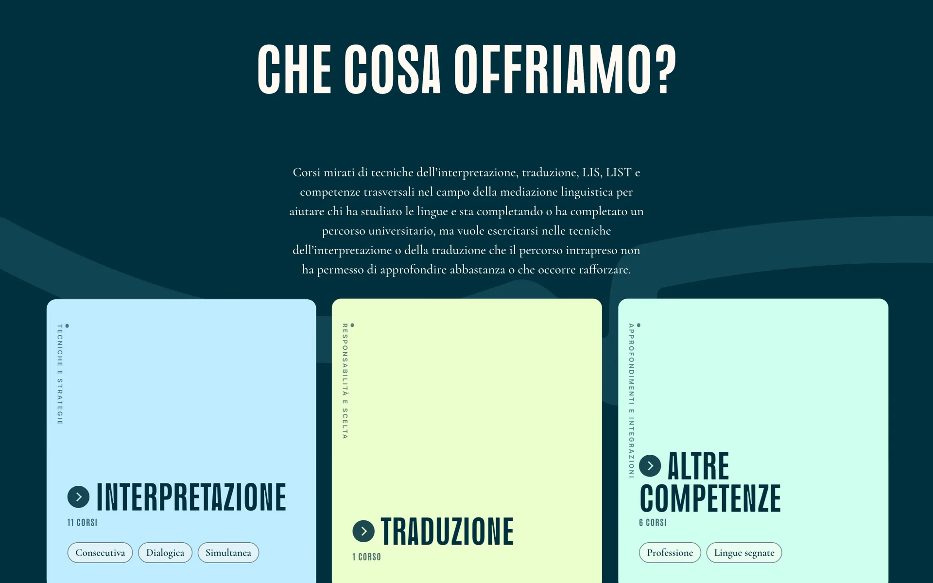 Le tre famiglie di corsi: Interpretazione, Traduzione, Altre competenze