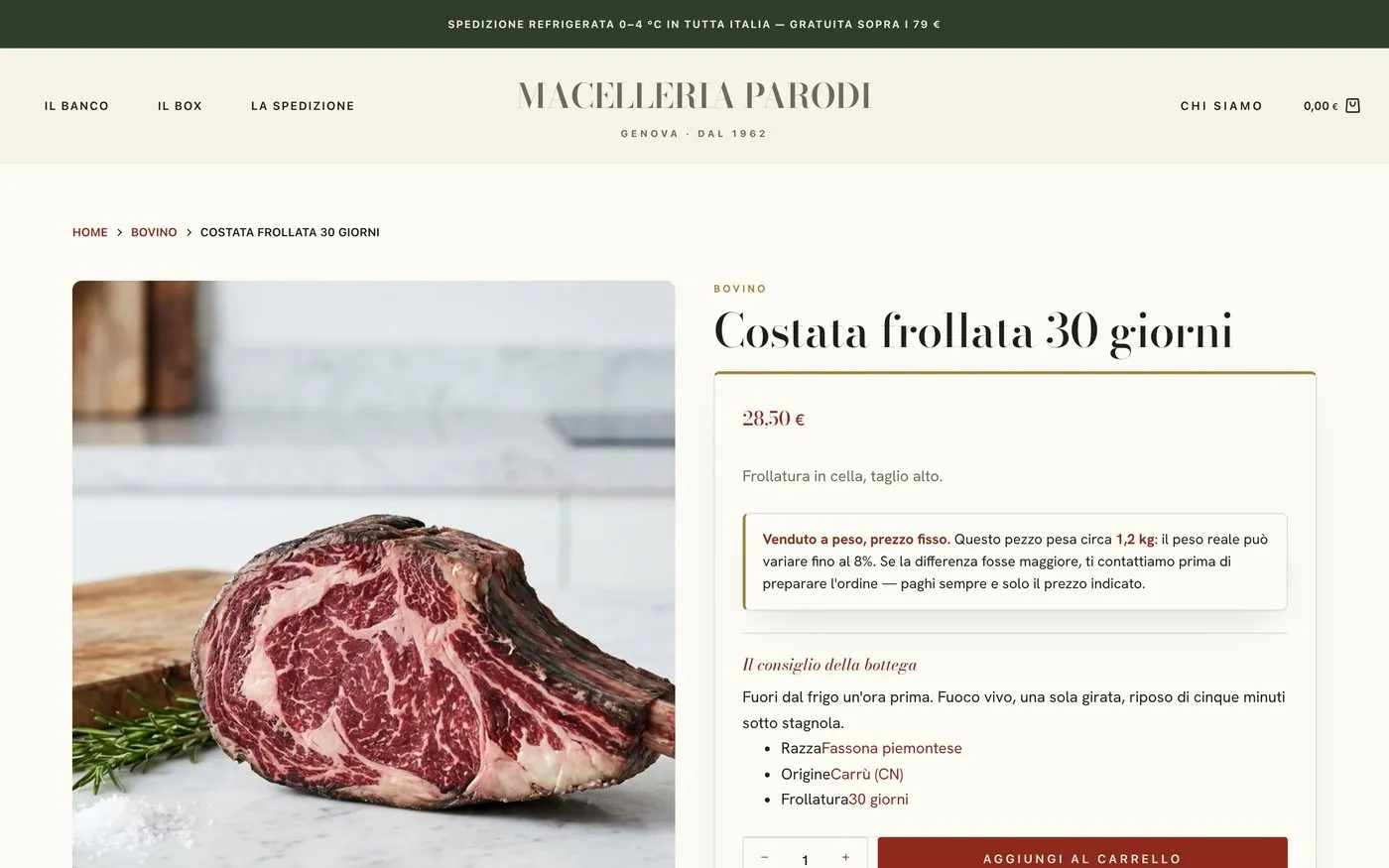 La scheda di un taglio: costata frollata 30 giorni, venduta al peso